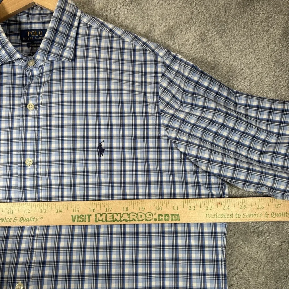 Polo Ralph Lauren Shirt Mens L Blue Plaid Stretch Lightweight Long Sleeve Logo